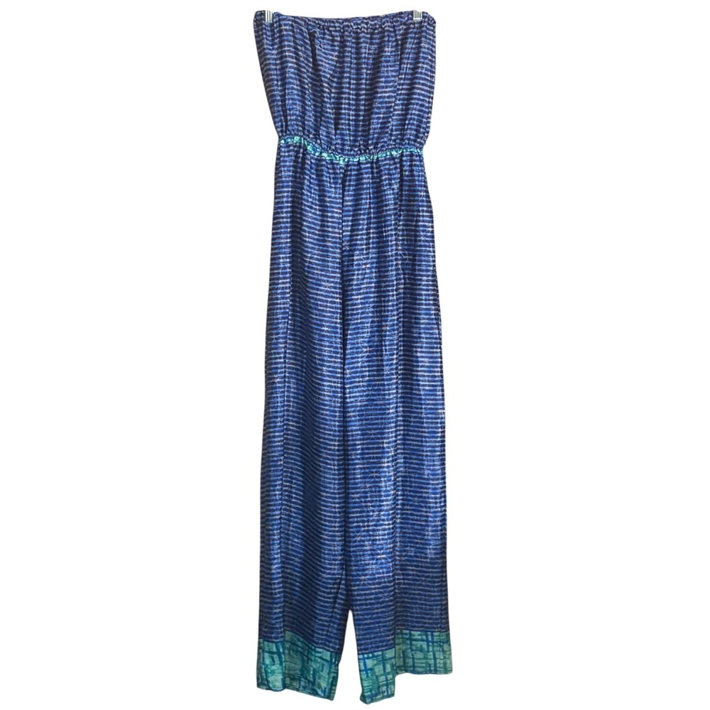 ETC Strapless Paisley Jumpsuit One Size Blue Aqua Wide Leg Tassel Waist - Picture 2 of 11